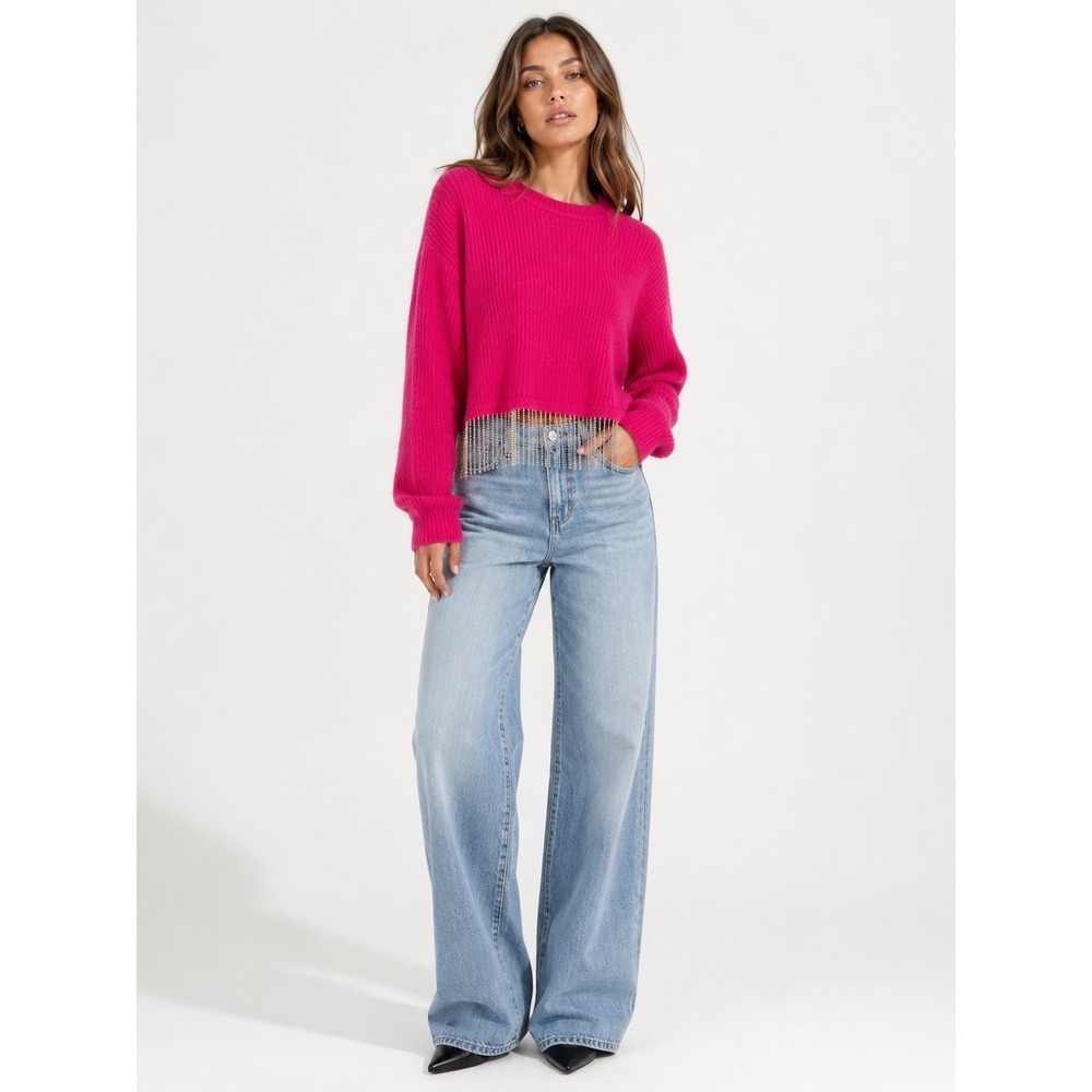 House of Harlow 1960 Hot Pink Rhinestone Fringe Cropped Mohair Blend Sweater M